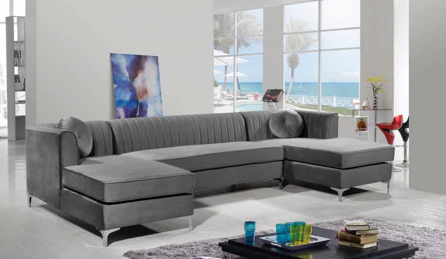 Graham Velvet 3 Piece Sectional In Grey - ATL FURNITURE