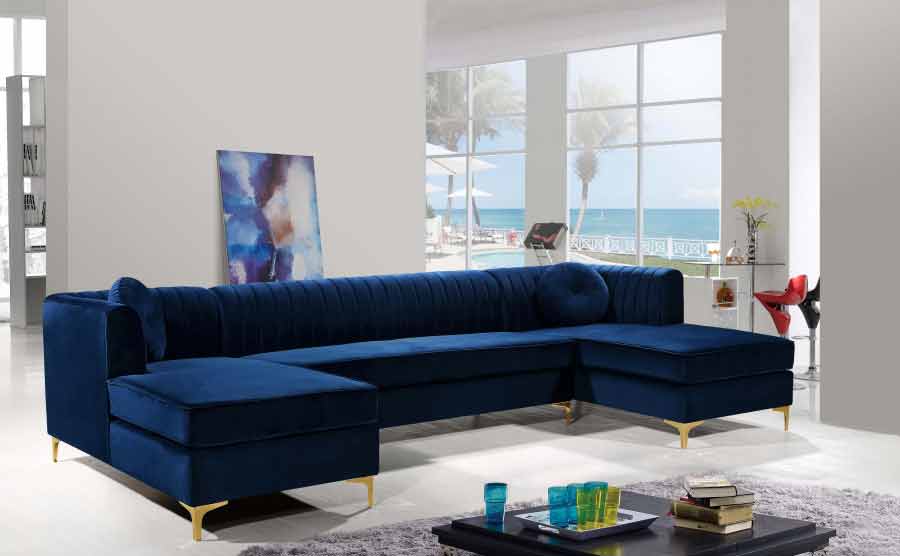 Graham Velvet 3 Piece Sectional In Navy - ATL FURNITURE