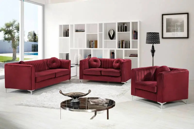 Meridian Furniture - Isabelle 3 Piece Living Room Set In Burgundy - 612Burg-S-3Set - ATL FURNITURE