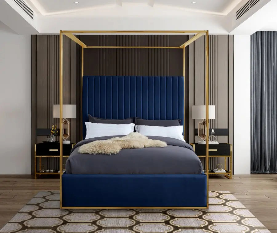 Meridian Furniture - Jones Velvet Queen Bed In Navy - Jonesnavy-Q - ATL FURNITURE
