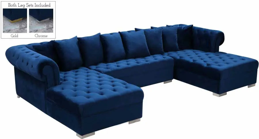 Presley 3 Piece Velvet Sectional In Navy - ATL FURNITURE