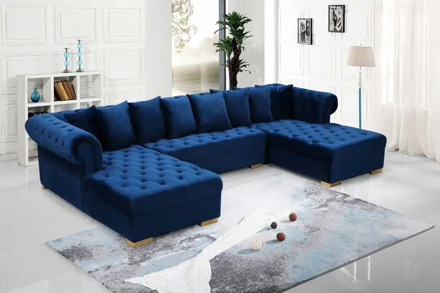 Presley 3 Piece Velvet Sectional In Navy - ATL FURNITURE