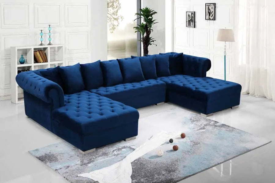 Presley 3 Piece Velvet Sectional In Navy - ATL FURNITURE