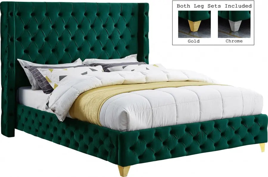 Savan Velvet King Bed In Green - Savangreen-K - ATL FURNITURE