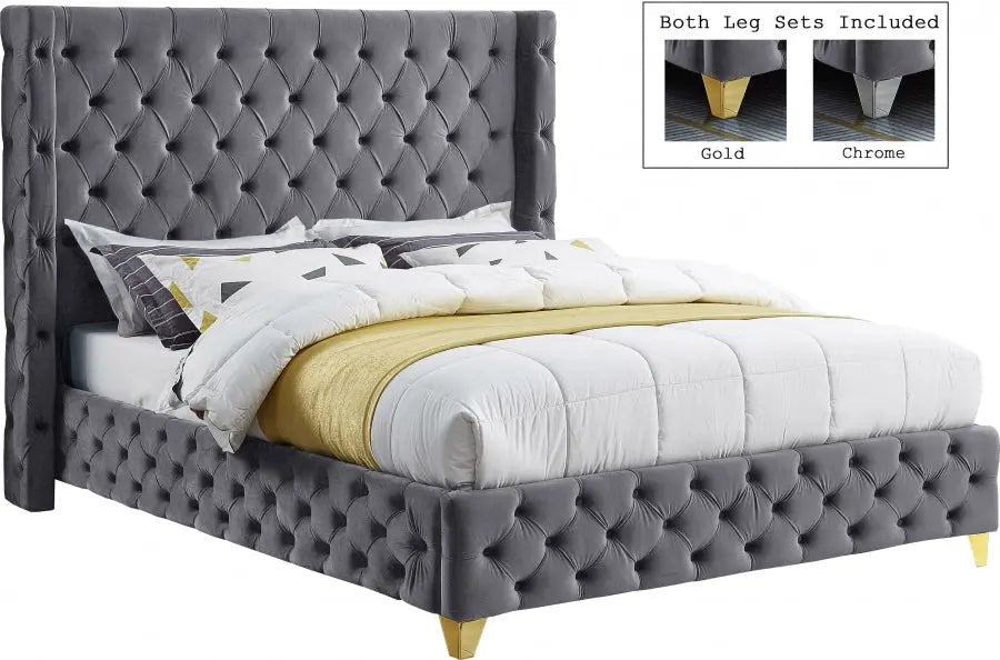 Savan Velvet King Bed In Grey - Savangrey-K - ATL FURNITURE