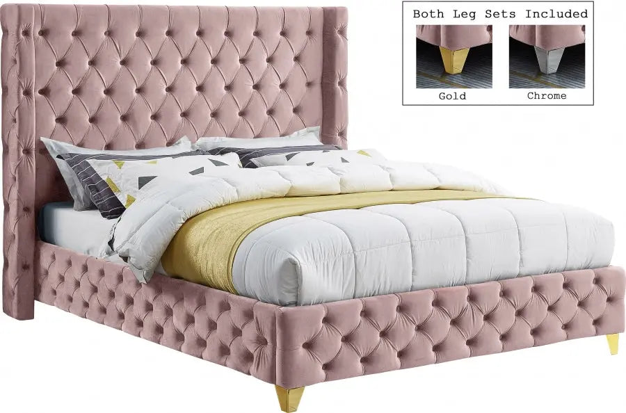 Savan Velvet King Bed In Pink - Savanpink-K - ATL FURNITURE