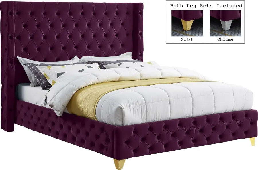 Savan Velvet King Bed In Purple - Savanpurple-K - ATL FURNITURE