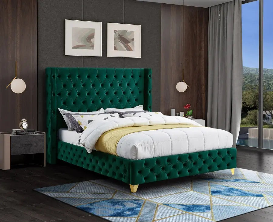 Meridian Furniture - Savan Velvet Queen Bed In Green - Savangreen-Q - ATL FURNITURE
