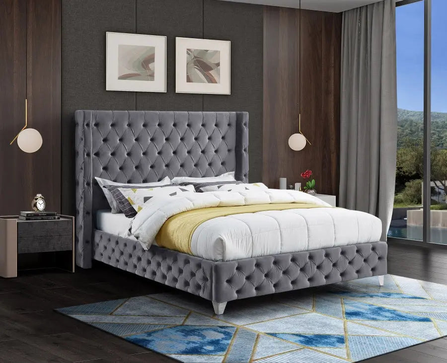 Meridian Furniture - Savan Velvet Queen Bed In Grey - Savangrey-Q - ATL FURNITURE