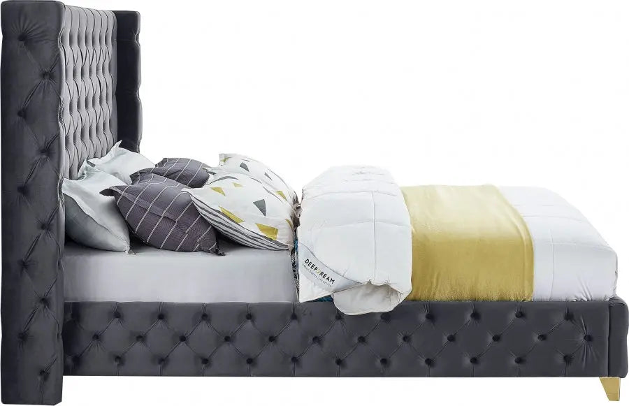 Meridian Furniture - Savan Velvet Queen Bed In Grey - Savangrey-Q - ATL FURNITURE