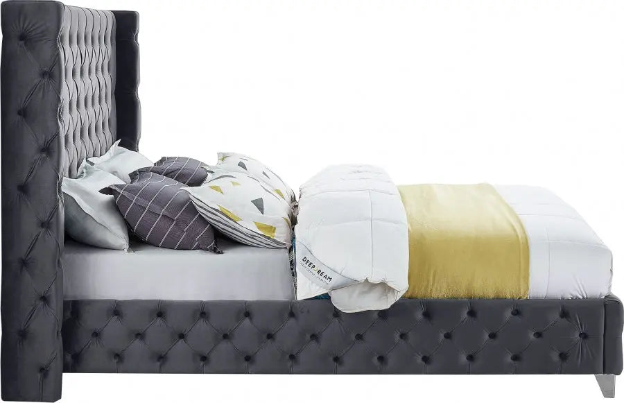 Meridian Furniture - Savan Velvet Queen Bed In Grey - Savangrey-Q - ATL FURNITURE