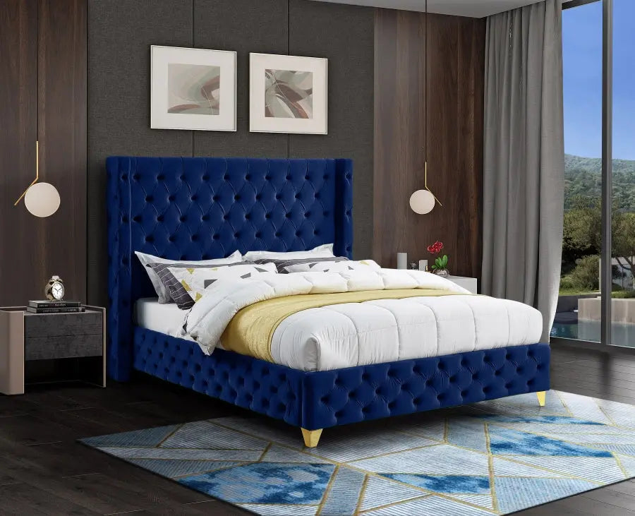 Meridian Furniture - Savan Velvet Queen Bed In Navy - Savannavy-Q - ATL FURNITURE