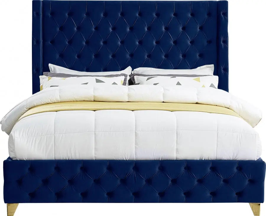Meridian Furniture - Savan Velvet Queen Bed In Navy - Savannavy-Q - ATL FURNITURE