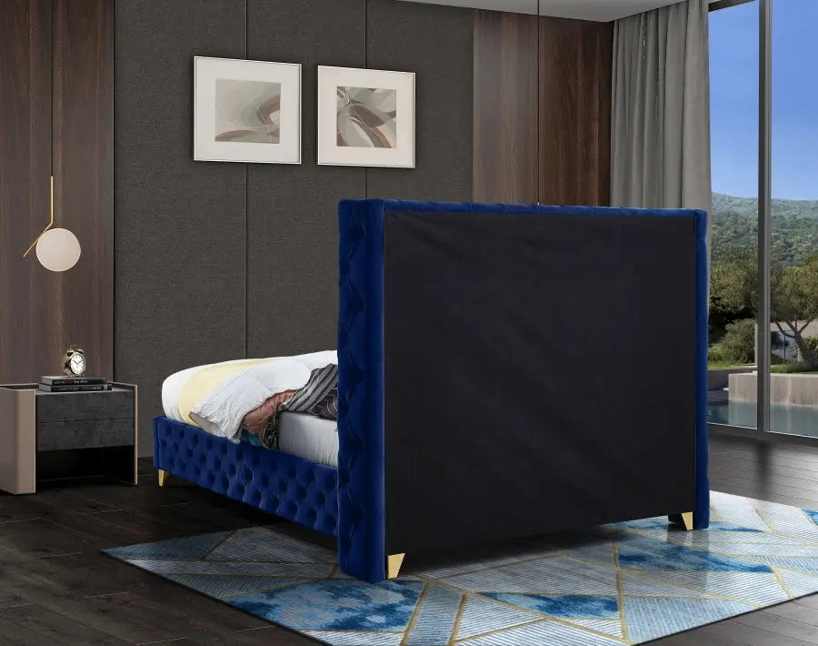 Meridian Furniture - Savan Velvet Queen Bed In Navy - Savannavy-Q - ATL FURNITURE