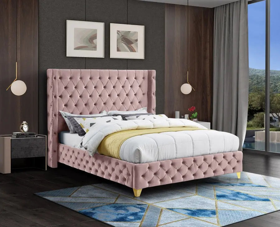 Meridian Furniture - Savan Velvet Queen Bed In Pink - Savanpink-Q - ATL FURNITURE