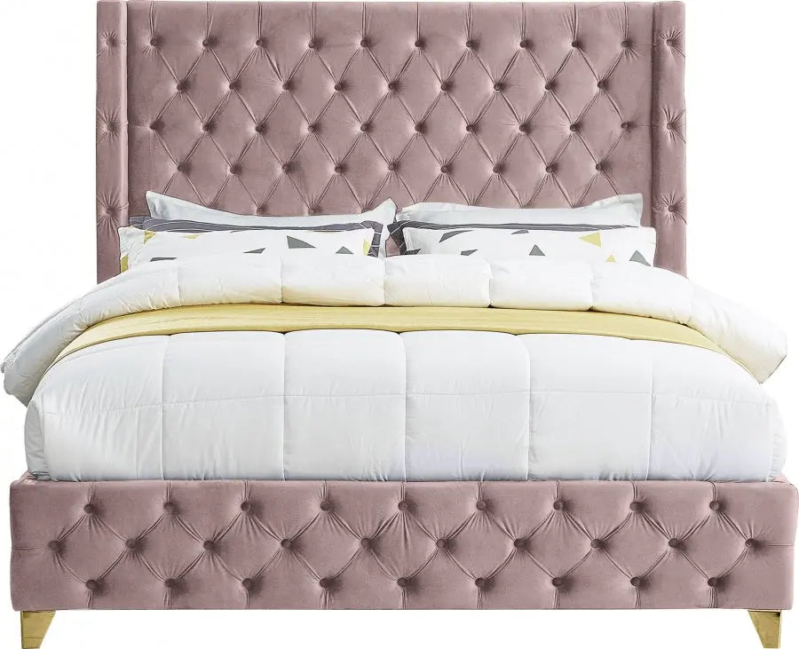 Meridian Furniture - Savan Velvet Queen Bed In Pink - Savanpink-Q - ATL FURNITURE