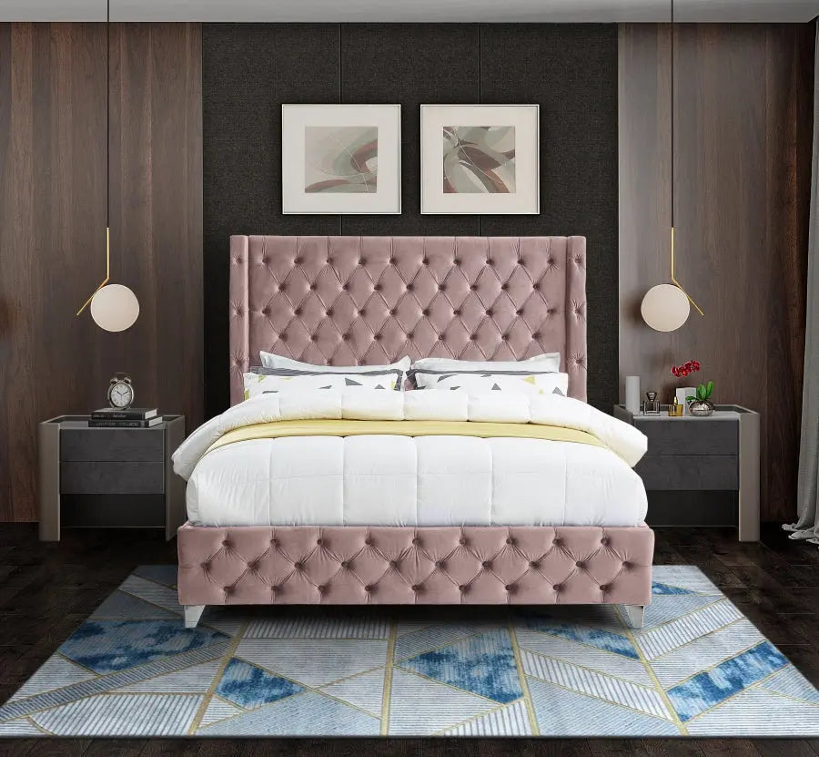 Meridian Furniture - Savan Velvet Queen Bed In Pink - Savanpink-Q - ATL FURNITURE