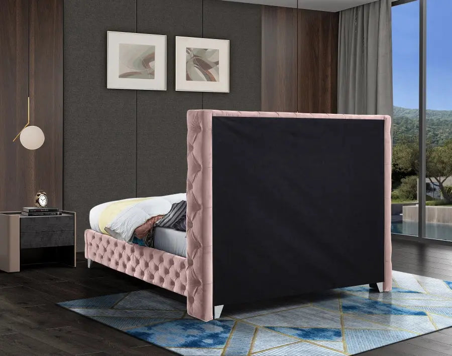 Meridian Furniture - Savan Velvet Queen Bed In Pink - Savanpink-Q - ATL FURNITURE