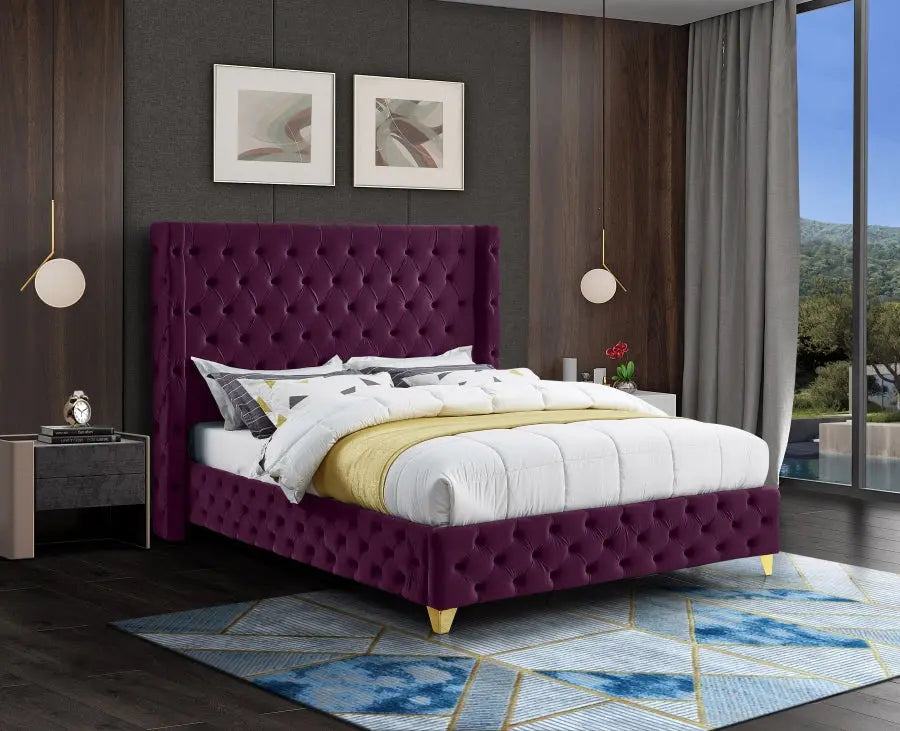 Meridian Furniture - Savan Velvet Queen Bed In Purple - Savanpurple-Q - ATL FURNITURE