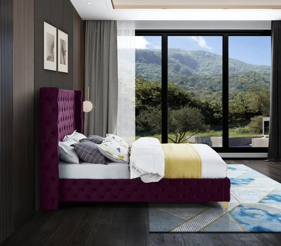Meridian Furniture - Savan Velvet Queen Bed In Purple - Savanpurple-Q - ATL FURNITURE