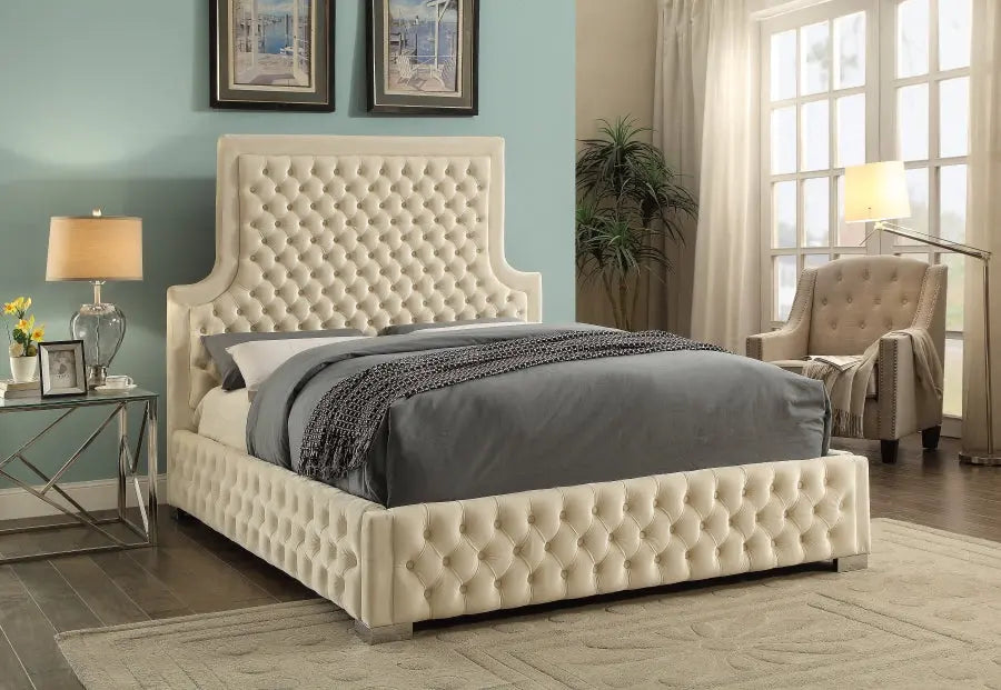 Meridian Furniture - Sedona Velvet Queen Bed In Cream - Sedonacream-Q - ATL FURNITURE