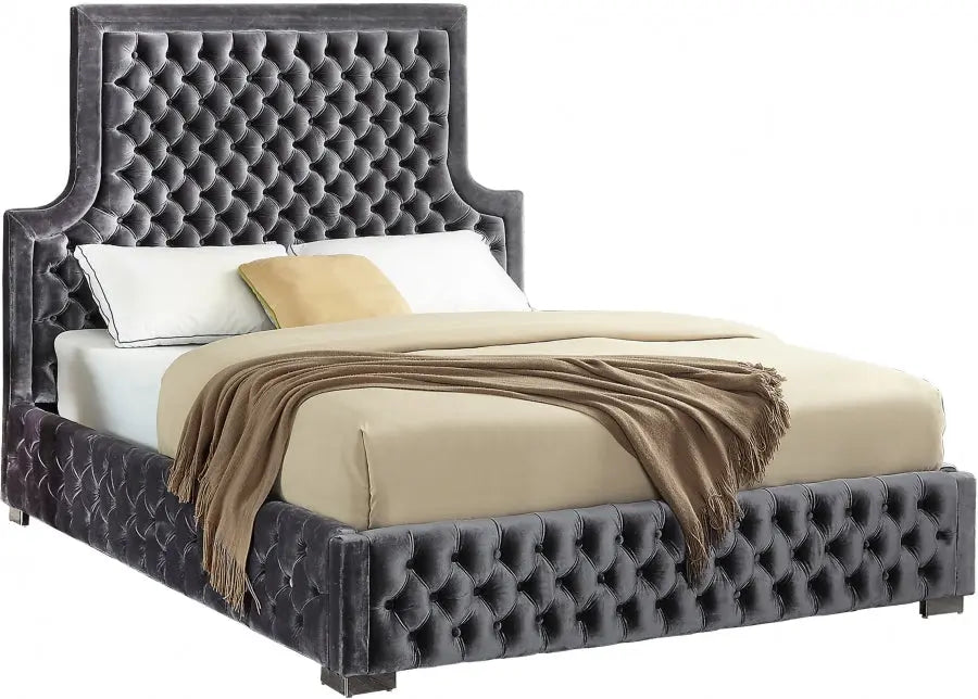 Meridian Furniture - Sedona Velvet Queen Bed In Grey - Sedonagrey-Q - ATL FURNITURE
