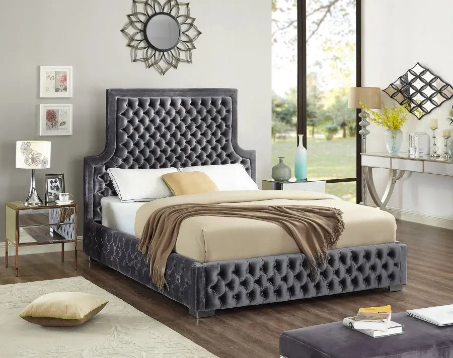 Meridian Furniture - Sedona Velvet Queen Bed In Grey - Sedonagrey-Q - ATL FURNITURE
