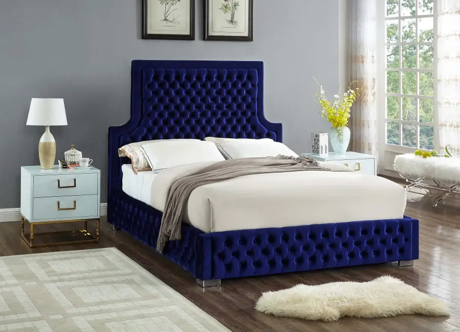 Meridian Furniture - Sedona Velvet Queen Bed In Navy - Sedonanavy-Q - ATL FURNITURE