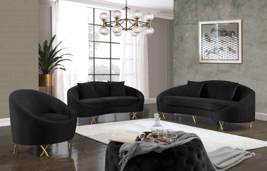 Meridian Furniture - Serpentine 3 Piece Living Room Set In Black - 679Black-S-3Set - ATL FURNITURE