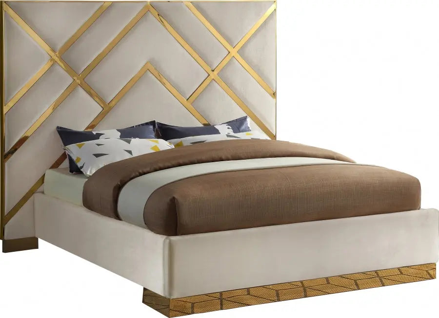 Vector Velvet Queen Bed In Cream - ATL FURNITURE