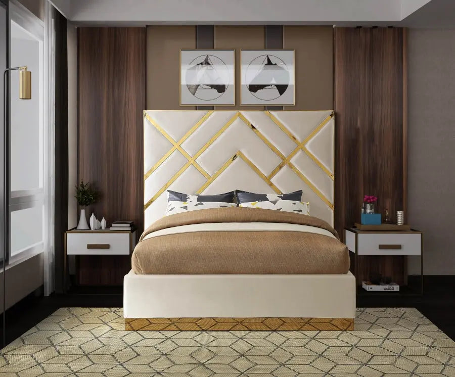 Vector Velvet Queen Bed In Cream - ATL FURNITURE