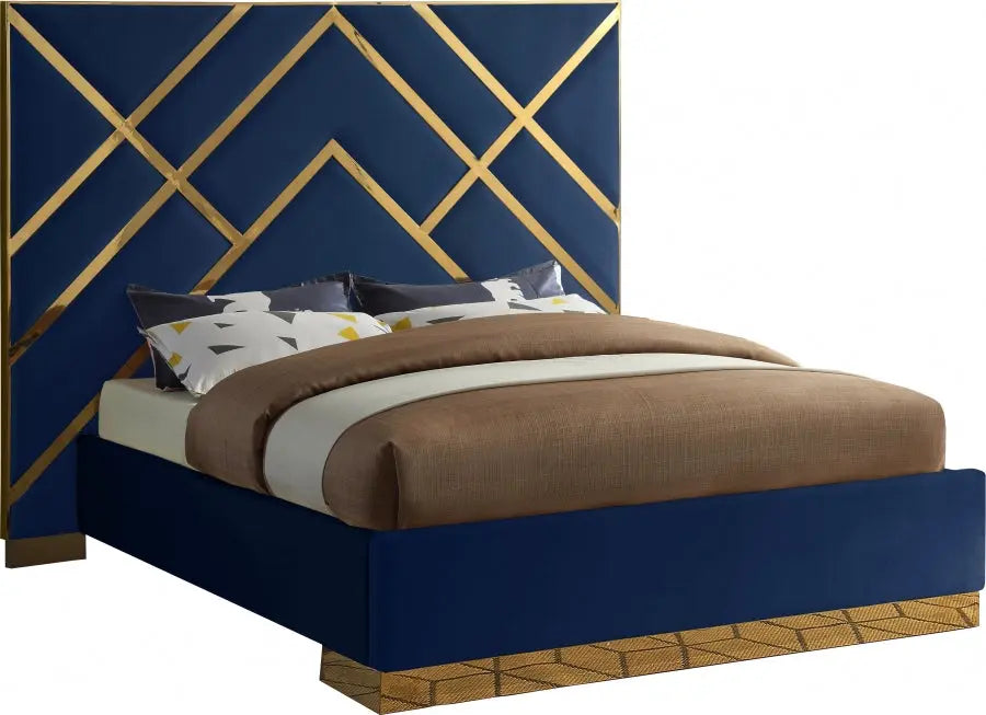 Vector Velvet Queen Bed In Navy - ATL FURNITURE