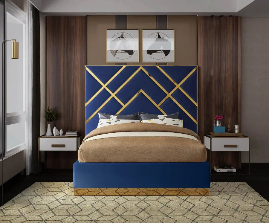 Vector Velvet Queen Bed In Navy - ATL FURNITURE