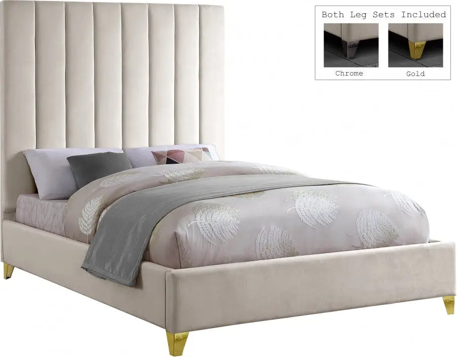 Via Velvet King Bed In Cream - Viacream-K - ATL FURNITURE