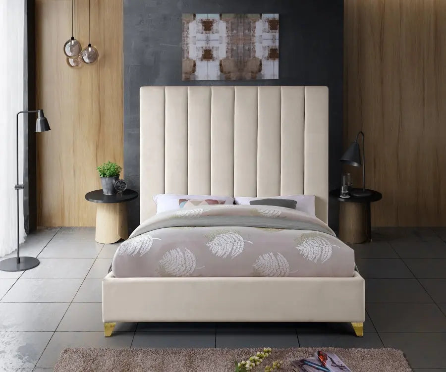 Via Velvet King Bed In Cream - Viacream-K - ATL FURNITURE