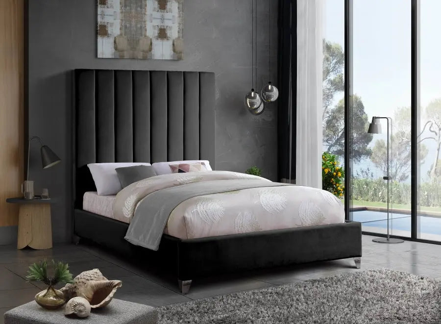 Meridian Furniture - Via Velvet Queen Bed In Black - Viablack-Q - ATL FURNITURE