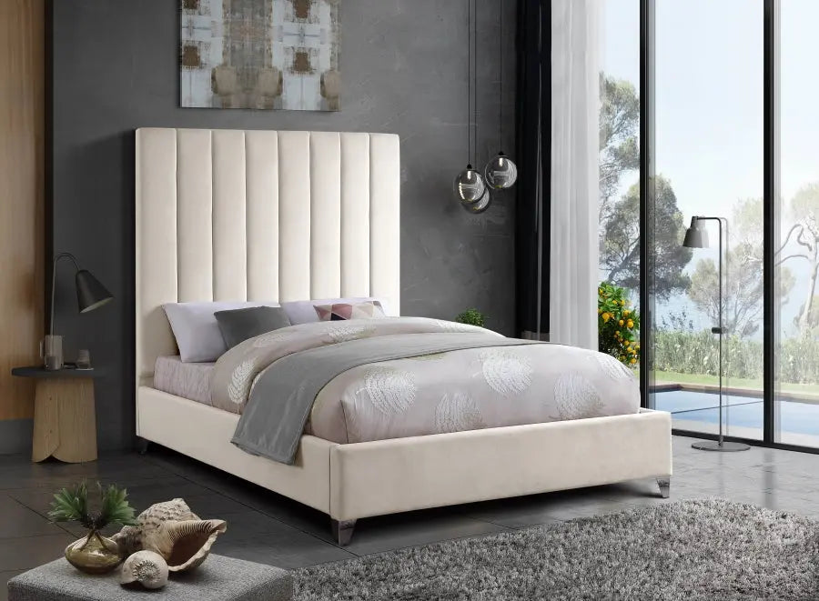 Meridian Furniture - Via Velvet Queen Bed In Cream - Viacream-Q - ATL FURNITURE