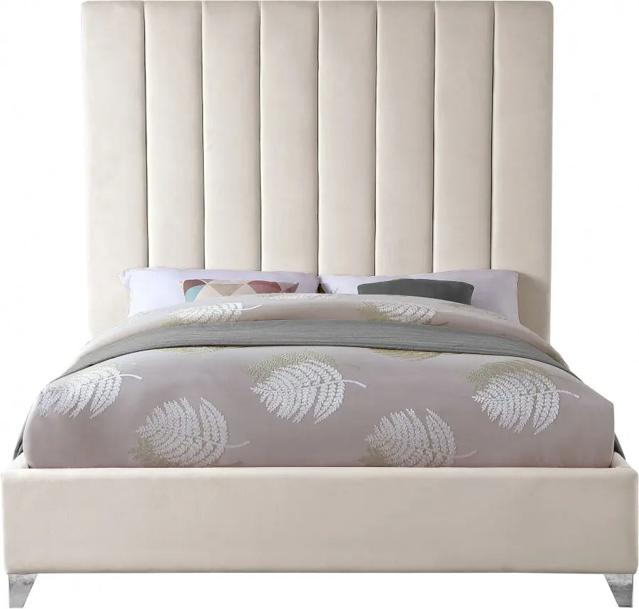 Meridian Furniture - Via Velvet Queen Bed In Cream - Viacream-Q - ATL FURNITURE