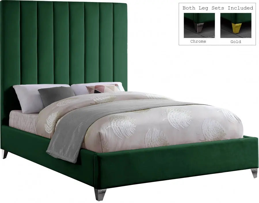 Meridian Furniture - Via Velvet Queen Bed In Green - Viagreen-Q - ATL FURNITURE