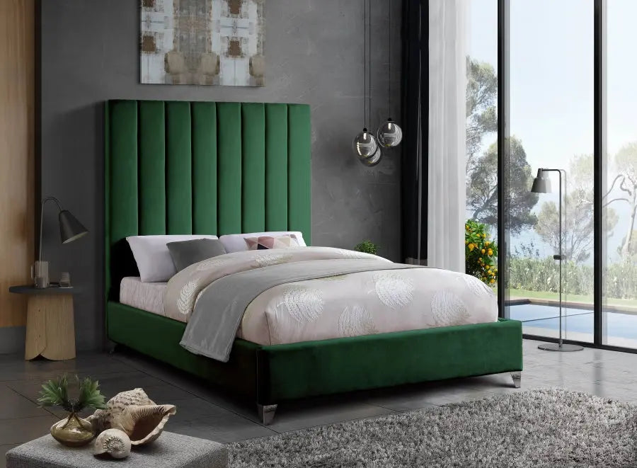 Meridian Furniture - Via Velvet Queen Bed In Green - Viagreen-Q - ATL FURNITURE