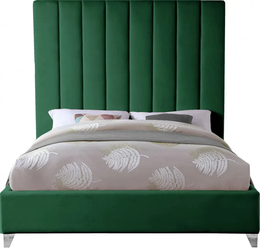 Meridian Furniture - Via Velvet Queen Bed In Green - Viagreen-Q - ATL FURNITURE