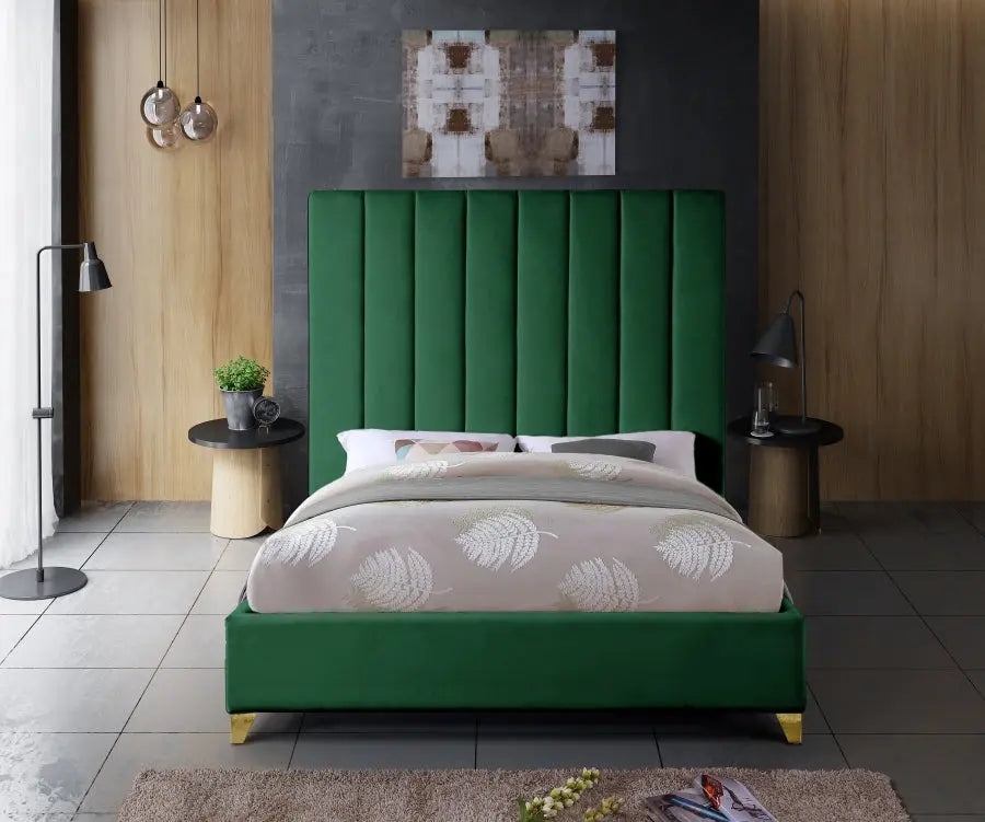 Meridian Furniture - Via Velvet Queen Bed In Green - Viagreen-Q - ATL FURNITURE