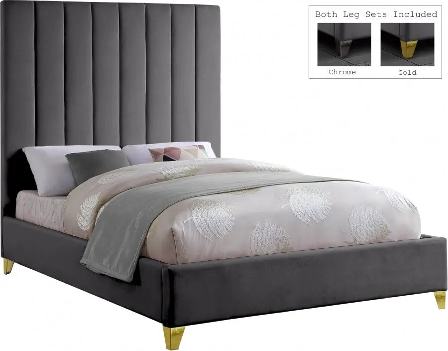 Meridian Furniture - Via Velvet Queen Bed In Grey - Viagrey-Q - ATL FURNITURE