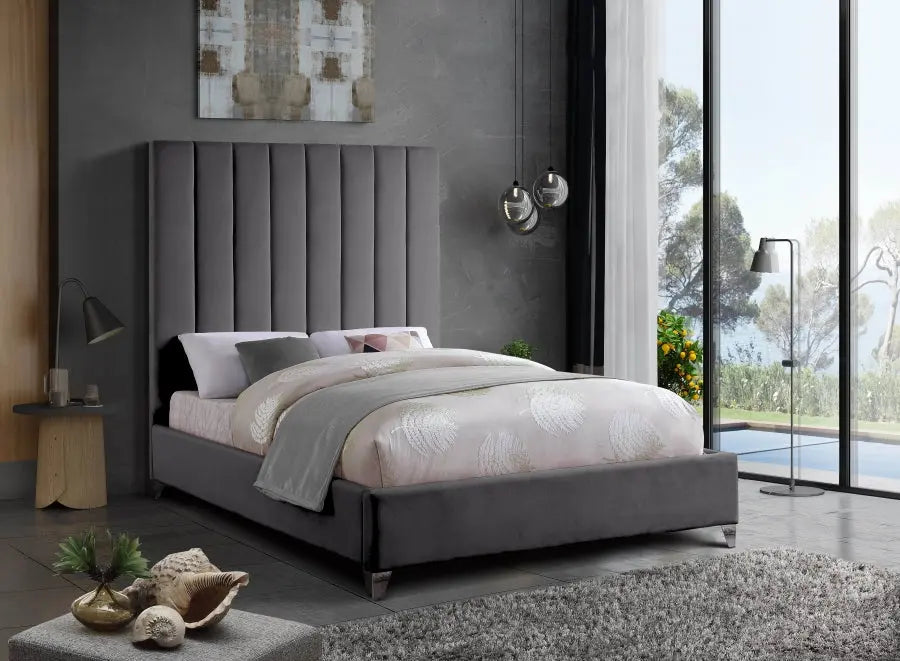 Meridian Furniture - Via Velvet Queen Bed In Grey - Viagrey-Q - ATL FURNITURE