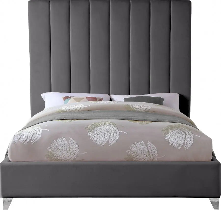Meridian Furniture - Via Velvet Queen Bed In Grey - Viagrey-Q - ATL FURNITURE