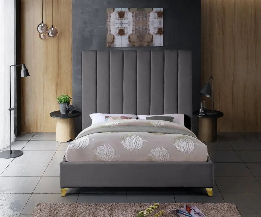 Meridian Furniture - Via Velvet Queen Bed In Grey - Viagrey-Q - ATL FURNITURE