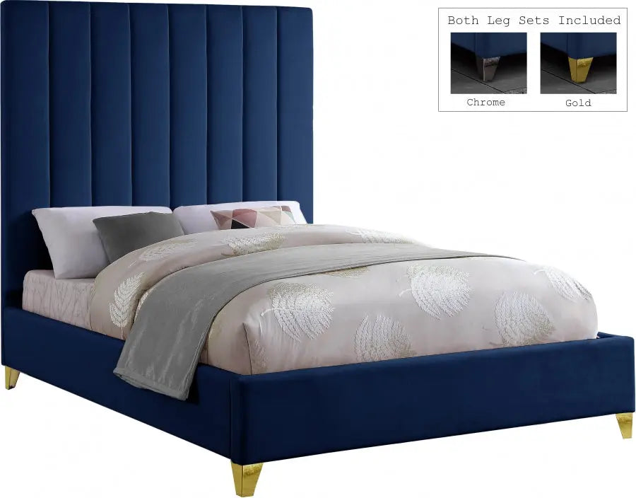 Meridian Furniture - Via Velvet Queen Bed In Navy - Vianavy-Q - ATL FURNITURE
