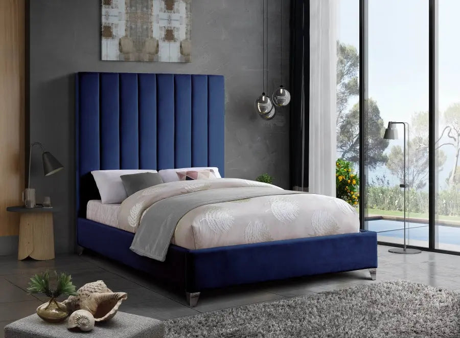 Meridian Furniture - Via Velvet Queen Bed In Navy - Vianavy-Q - ATL FURNITURE