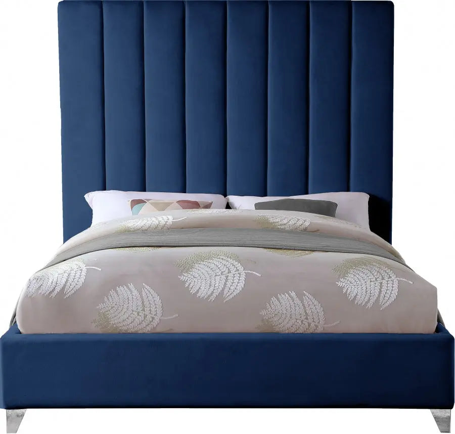 Meridian Furniture - Via Velvet Queen Bed In Navy - Vianavy-Q - ATL FURNITURE