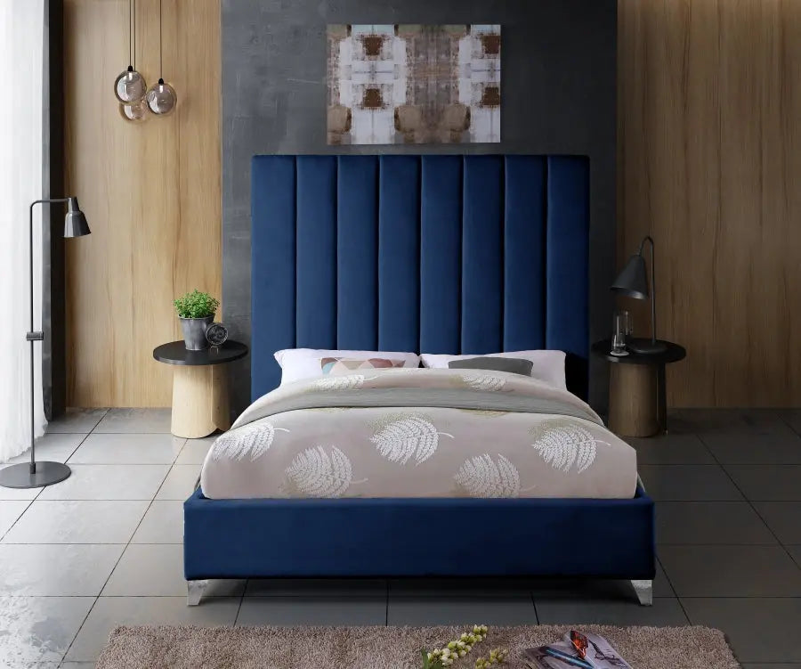 Meridian Furniture - Via Velvet Queen Bed In Navy - Vianavy-Q - ATL FURNITURE